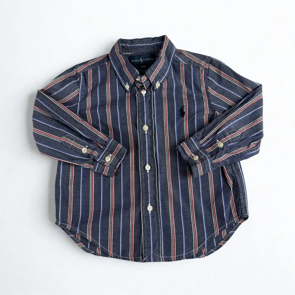 Ralph Lauren‎ Button Down Shirt Kids 24M Navy Blue Striped Preppy Long Sleeve